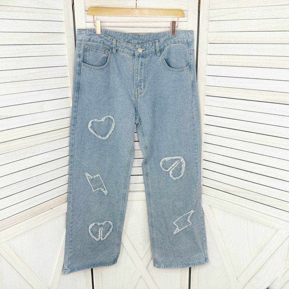 Q&J Jeans Patchwork Hearts Wide Leg High Rise‎ Jeans Large Boho Streetwear